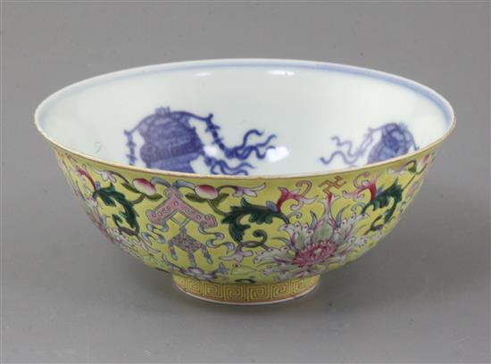 A Chinese yellow ground bowl, Jiaqing six character seal mark and of the period (1796-1820), diameter 15cm